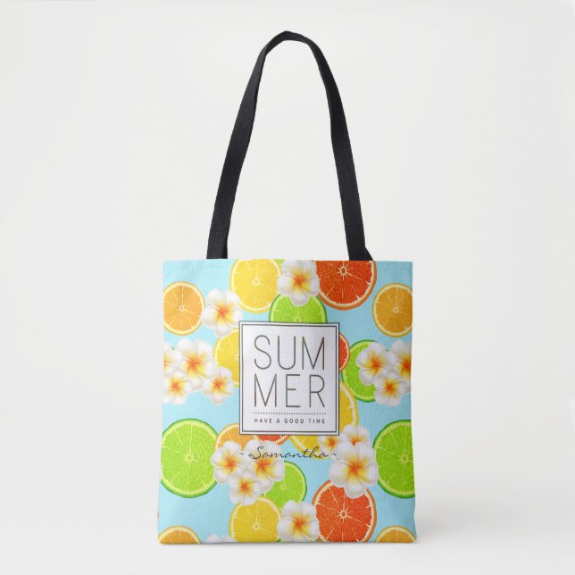 Bolsa Tote Frutas de Verão frescas e flores de ameixa exótica (Frente)