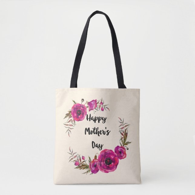 Bolsa Tote Fuchsia Poppies Floral Wreath Happy Dia de as mães (Frente)