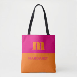 Bolsa Tote Fúcsia e laranja nome inicial personalizado modern