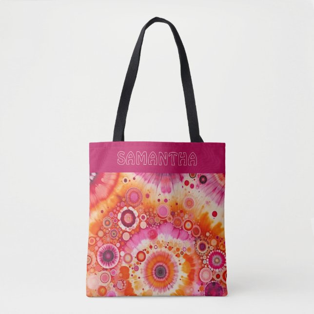 Bolsa Tote Fun Bold Orange Hot Pink Batik Circles Art Pattern (Frente)