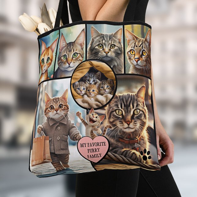 Bolsa Tote Fun Multi Photo Collage Cat Lover (Tote bag featuring a collage of your favorite cat photos in different shapes with a heart)