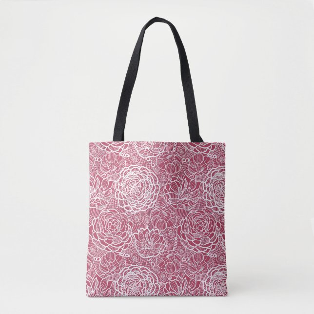 Bolsa Tote Fundo azul do teste padrão de flores do laço (Frente)