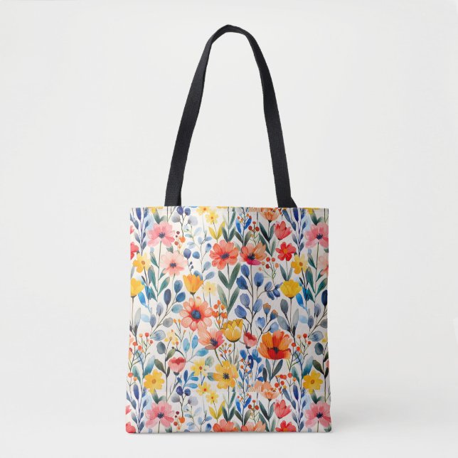 Bolsa Tote Fundo de Flores Silvestres de Primavera em Aquarel (Frente)