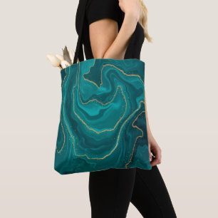 Bolsa Tote Fundo de mármore líquido de turquesa com ouro