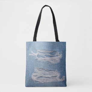 Bolsa Tote Fundo de textura de jeans de denim rasgado azul. N