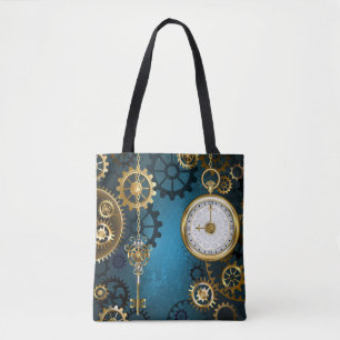 Bolsa Tote Fundo de turquesa Steampun com engrenagens