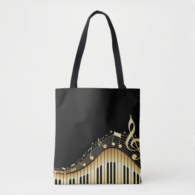 Bolsa Tote Fundo Preto E Notas Musicais Douradas (Frente)