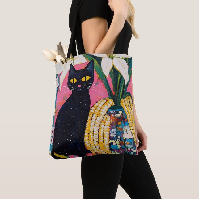 Bolsa Tote Funny Black Cat and Flower Vase (Close Up)
