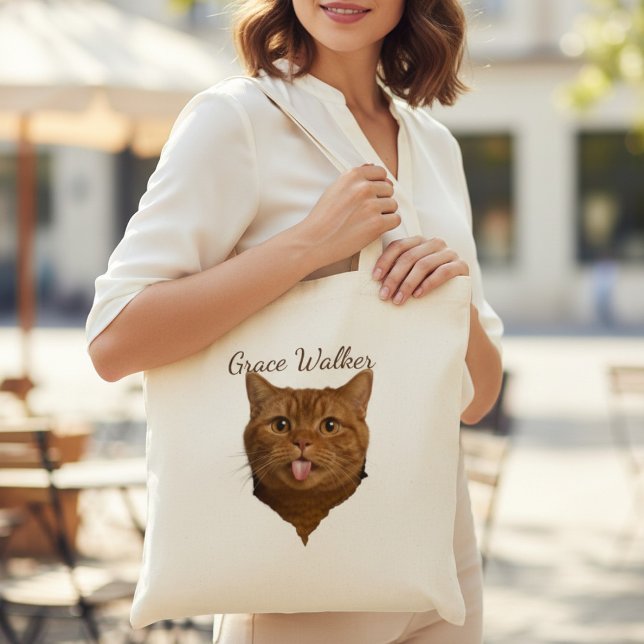 Bolsa Tote Funny Blep Cat Photo Personalized Name Canvas (Criador carregado)