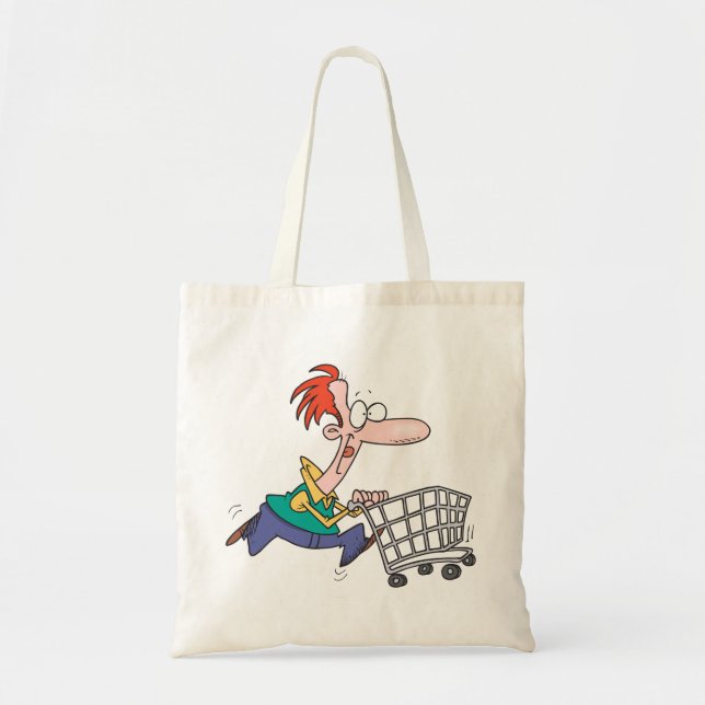 Bolsa Tote Funny Cartoon Man Running With Shopping Cart (Frente)