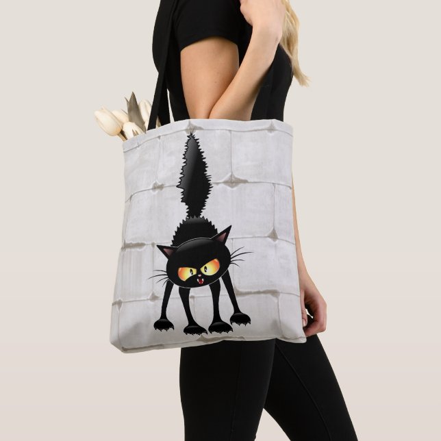 Bolsa Tote Funny Fierce Black Cat Cartoon  (Close Up)