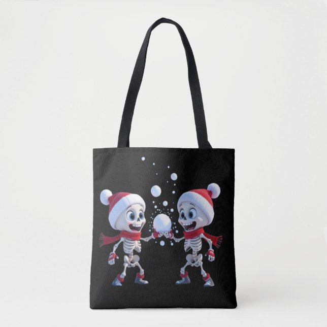 Bolsa Tote Funny Santa Skeletons Having a Snowball Fight  (Frente)