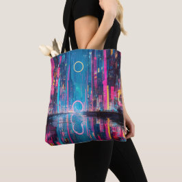 Bolsa Tote Futuristic Vibrant Neon Night Cityscape