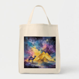 Bolsa Tote Galáxia do Deserto de Aquarela Camelo Pirâmide Via