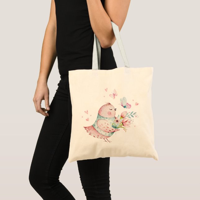 Bolsa Tote Galinha de Páscoa branca com flores e borboletas (Frente (produto))