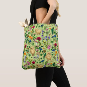 Bolsa Tote Galinhas e flores silvestres em verde-orvalho