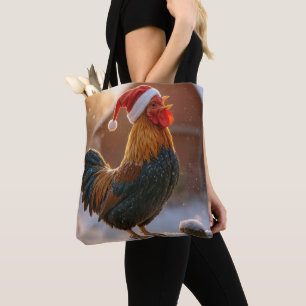 Bolsa Tote Galo de Natal Usando um Chapéu de Papai Noel