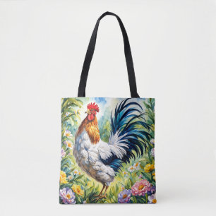 Bolsa Tote Galo Floral Colorido Vintage Watercolor