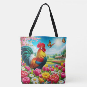 Bolsa Tote Galo floral/primavera/trabalho de arte de galinha