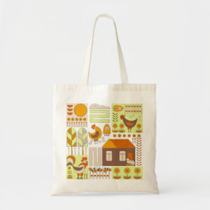 Bolsa Tote Galo, galinhas, desenho floral geométrico.
