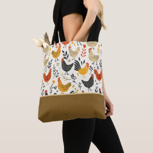 Bolsa Tote Galos e Galinhas Estilo Doodle Bloco de Cor
