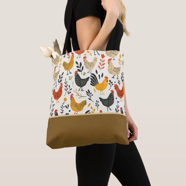 Bolsa Tote Galos e Galinhas Estilo Doodle Bloco de Cor (Close Up)