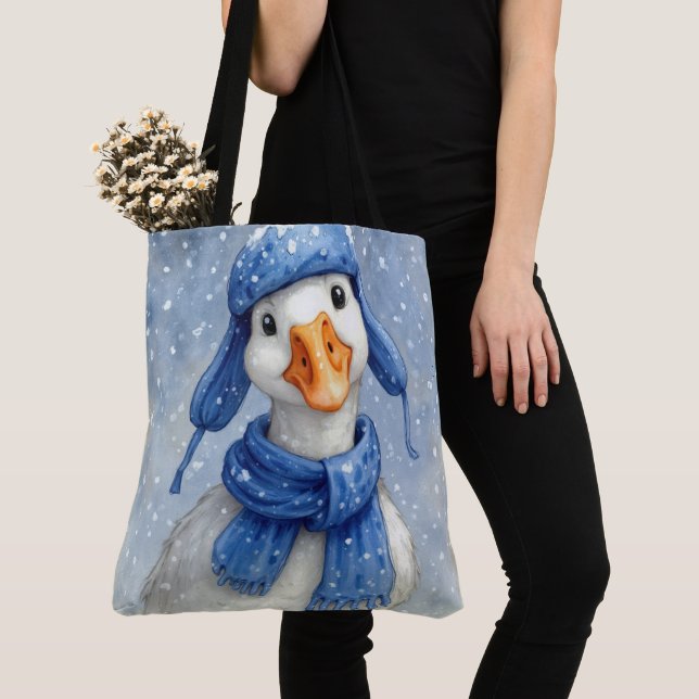 Bolsa Tote Ganso Branco de Inverno com Cachecol Azul (Close Up)