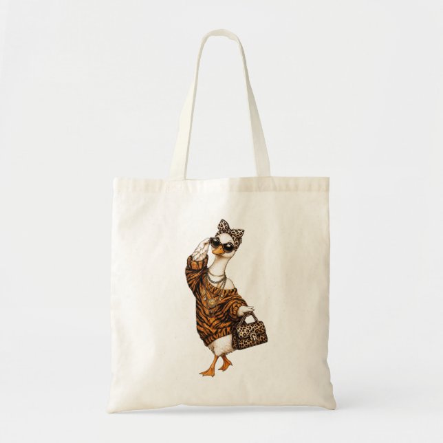 Bolsa Tote Ganso Glam Personalizado, Ganso com Laço de Leopar (Frente)
