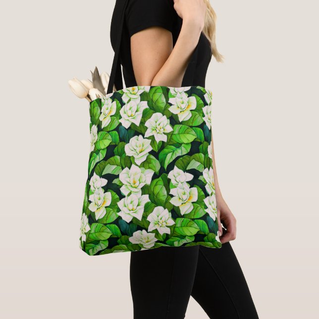 Bolsa Tote Gardenias brancas e folhas verdes de jade (Close Up)