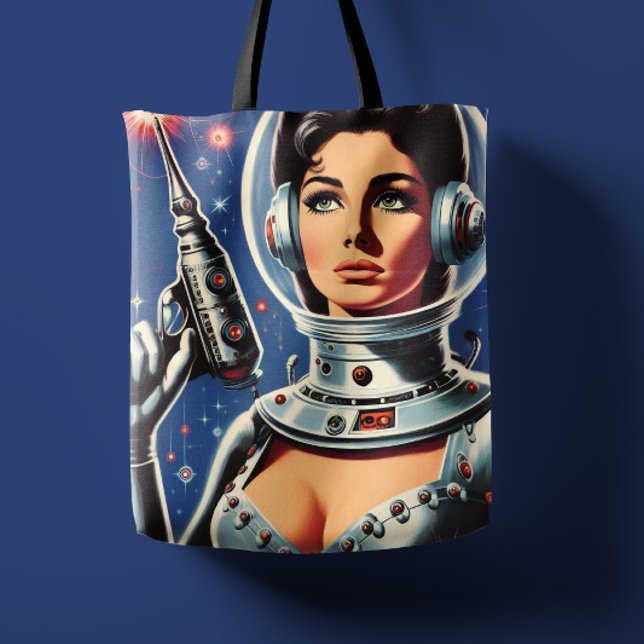 Bolsa Tote Garota Astronauta de Ficção Científica Vintage (Criador carregado)