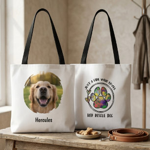 Bolsa Tote Garota Colorida de Cachorro Resgatado em Aquarela