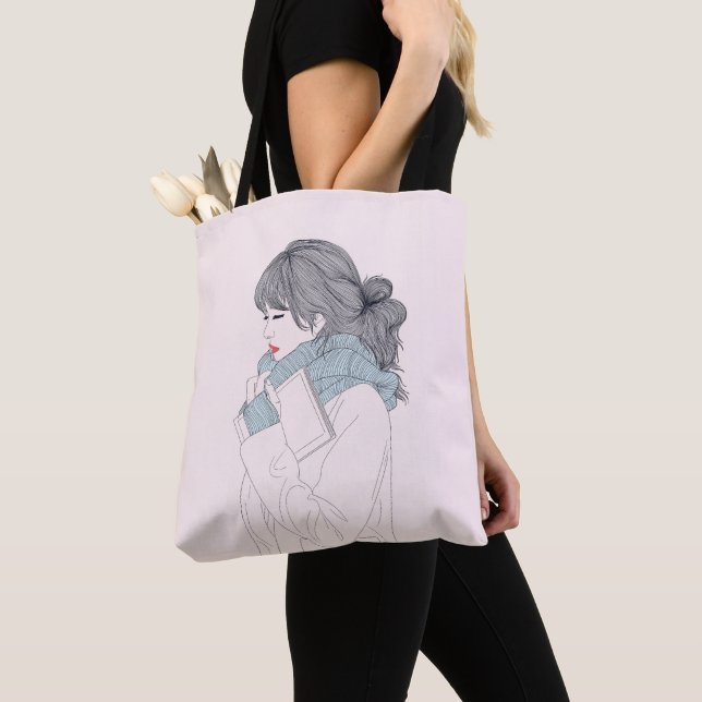 Bolsa Tote Garota com cachecol e livro (Close Up)