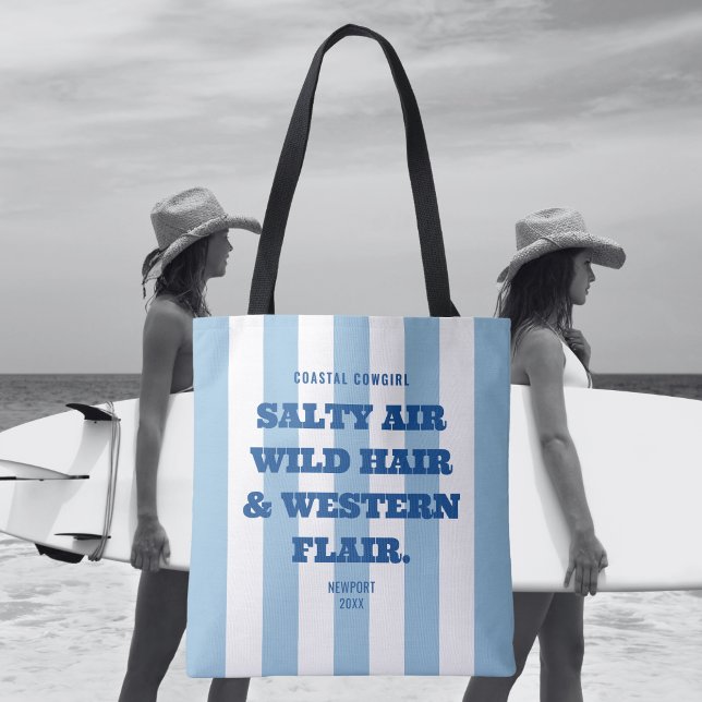Bolsa Tote Garota Costeira Ocidental Flair Blue Cabana Stripe (Criador carregado)
