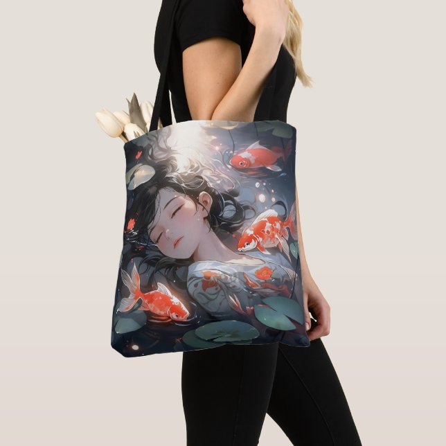 Bolsa Tote Garota de Anime de Fantasia e Carpas (Close Up)