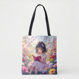 Bolsa Tote Garota de Anime Lendo entre Flores e Notas Musicai