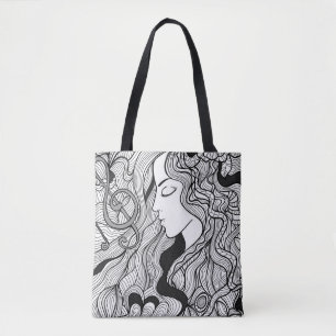 Bolsa Tote Garota e música. Ilustração Vintage. Outlin preto