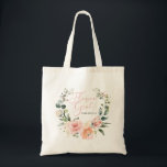Bolsa Tote Garota Flor Floral De Ferida Floral, De Cor Mola,<br><div class="desc">Um bonito, moderno design floral da Flor. A camada aquosa de cor rosa, pêssego e verde de eucalipto apresenta o título "Garota Flor" no centro, em tipografia de escrita rosa, escrita à mão, e é personalizada com o nome da dama de honra abaixo. Esta é parte de uma coleção de...</div>