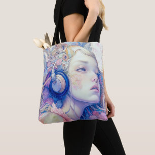 Bolsa Tote Garota Fofa com Música de Headphone Arte Moderna