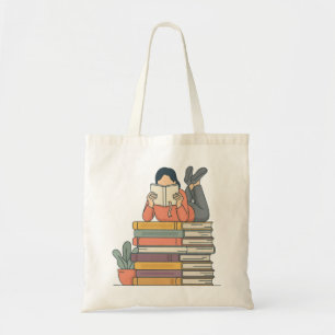 Bolsa Tote Garota Fofo Leitura em uma Pilha de Livros