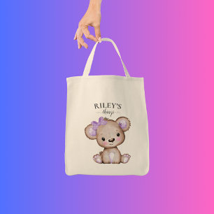 Bolsa Tote Garota Gota Gelada Urso Roxo Monograma Bebê