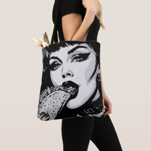 Bolsa Tote Garota Gótica no Estilo Gráfico BW dos Anos 50 Com