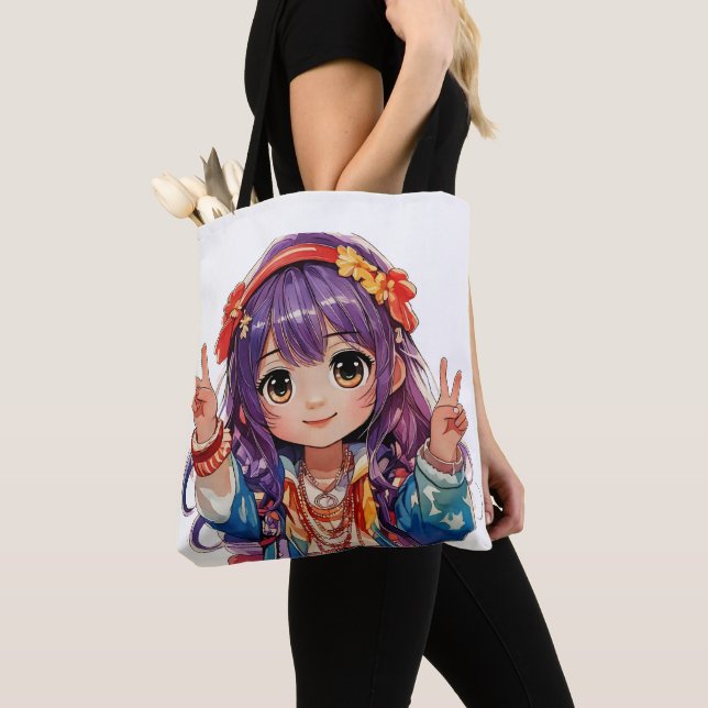 Bolsa Tote Garota Hippie do Sinal de Paz (Close Up)