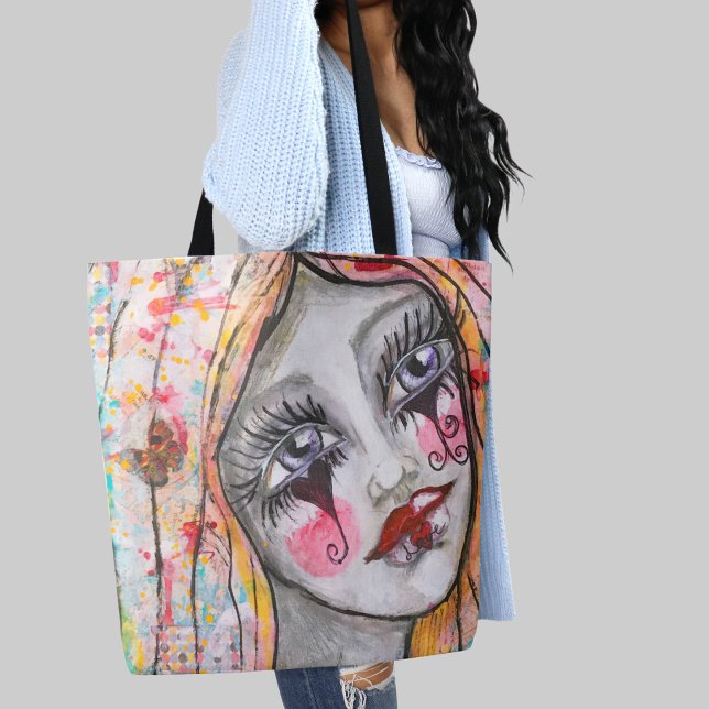 Bolsa Tote Garota Impressionante Mímica Coração de Amor Bonit (Whimsical clown girl original mixed media modern folk art by Malissa Melrose)