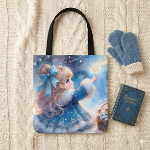 Bolsa Tote Garota Observadora de Estrelas Caprichosa Aquarela