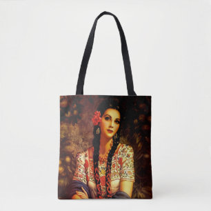 Bolsa Tote Garota Pin-Up Vintage Mexicana com Tranças Longas