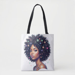 Bolsa Tote Garota Preta Caprichosa C/ Afro Adornado Com Flore