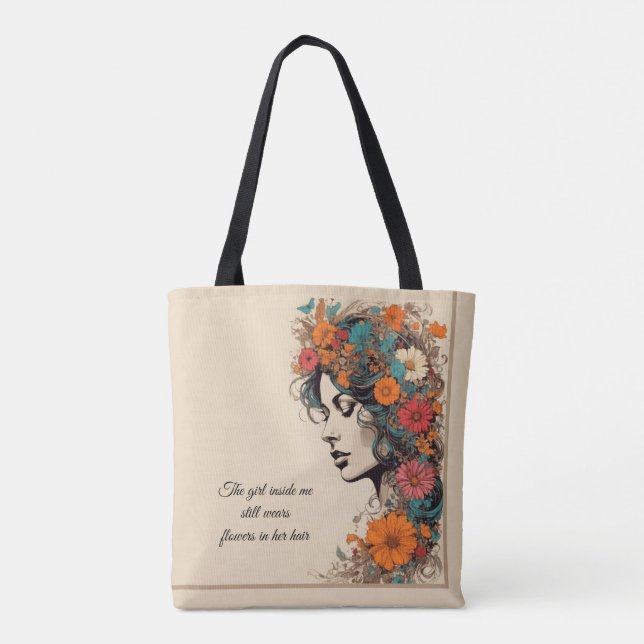 Bolsa Tote Garota retrô com flores no cabelo (Verso)