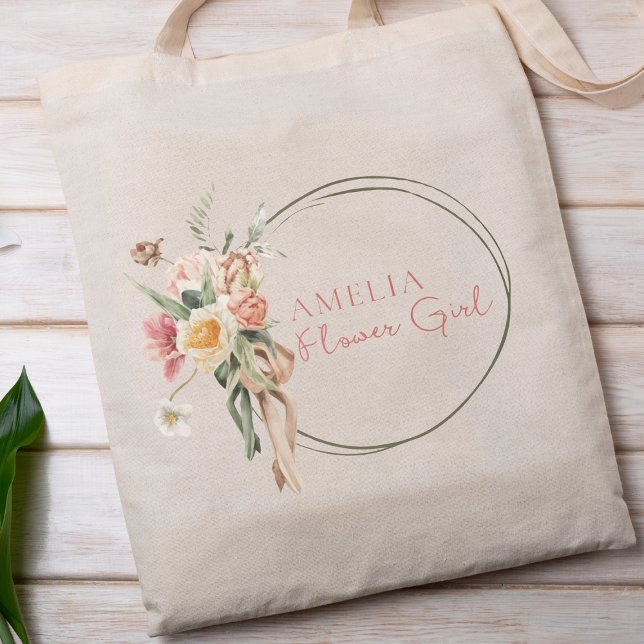 Bolsa Tote Garota Sage Verde e Rosa Dusty Personalizada (Add floral elegance to your wedding with this customizable flower girl tote—sweet and stylish.)