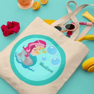 Bolsa Tote Garota Sereia Bonita Personalizada Crianças Teais