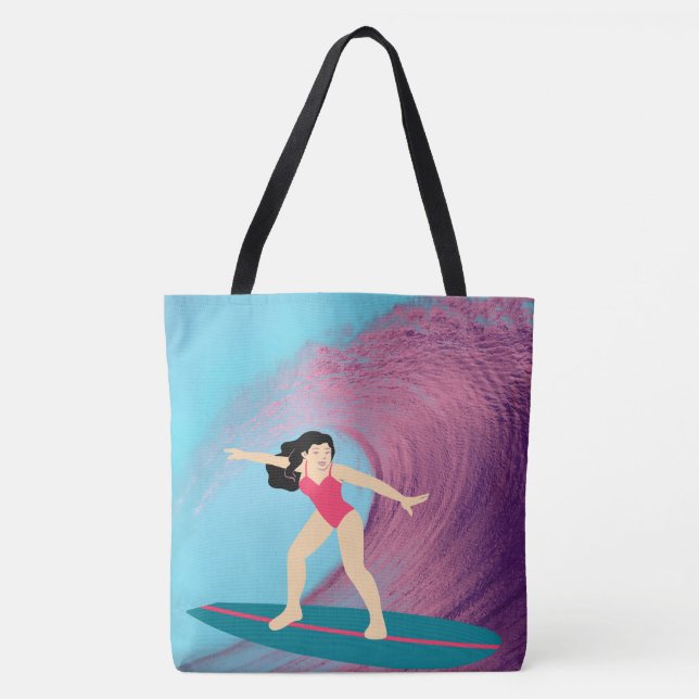 Bolsa Tote Garota surfando no pôr do sol. (Frente)